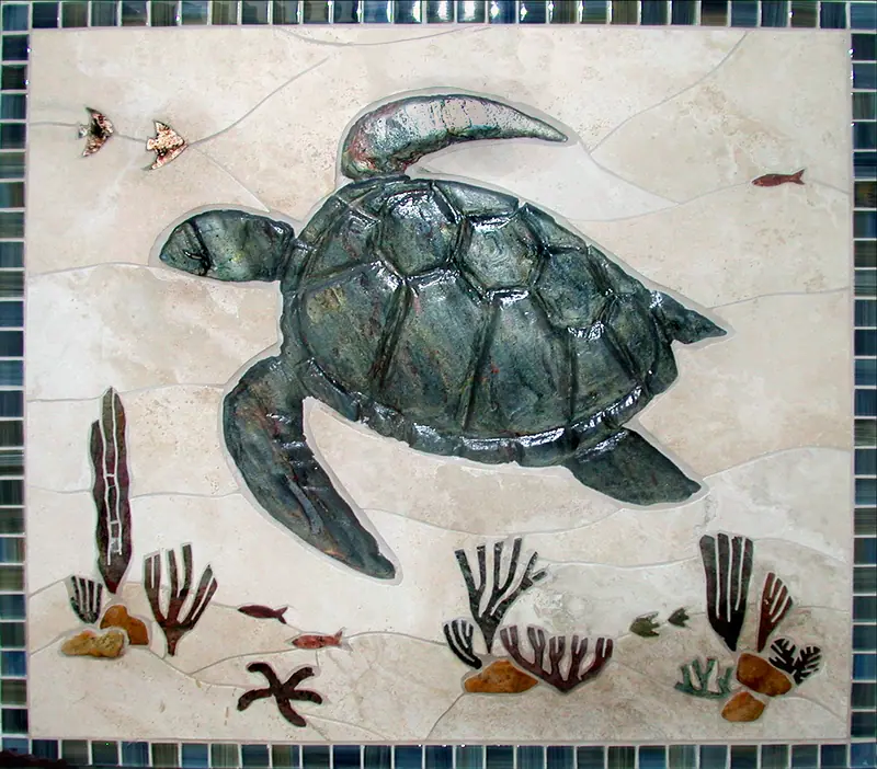 Custom carved stone Sea Turtle Reef Tile murtals by Janna Morrison