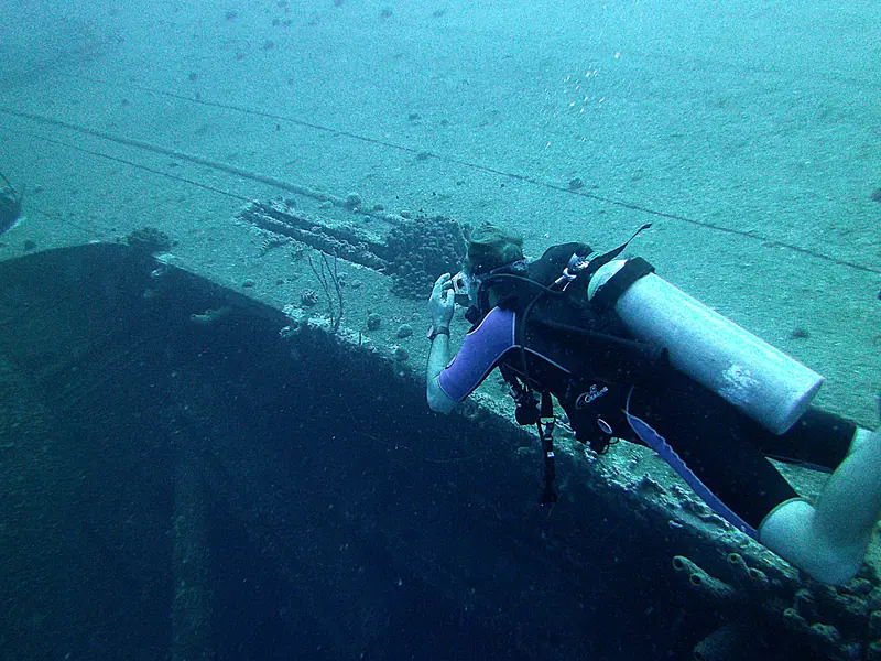 Hilma Hooker Wreck Keith Swimming along upturned port side