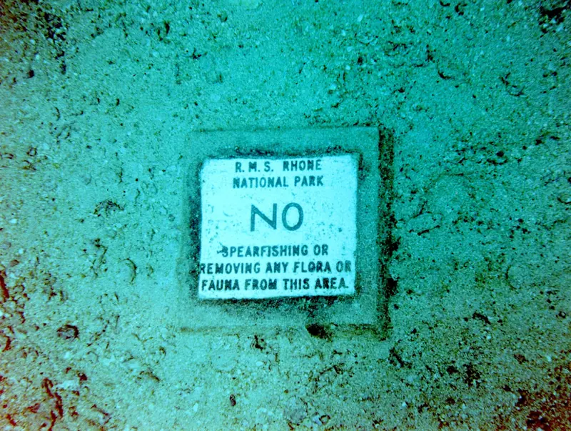 RMS Rhone National Park sign on ocean floor
